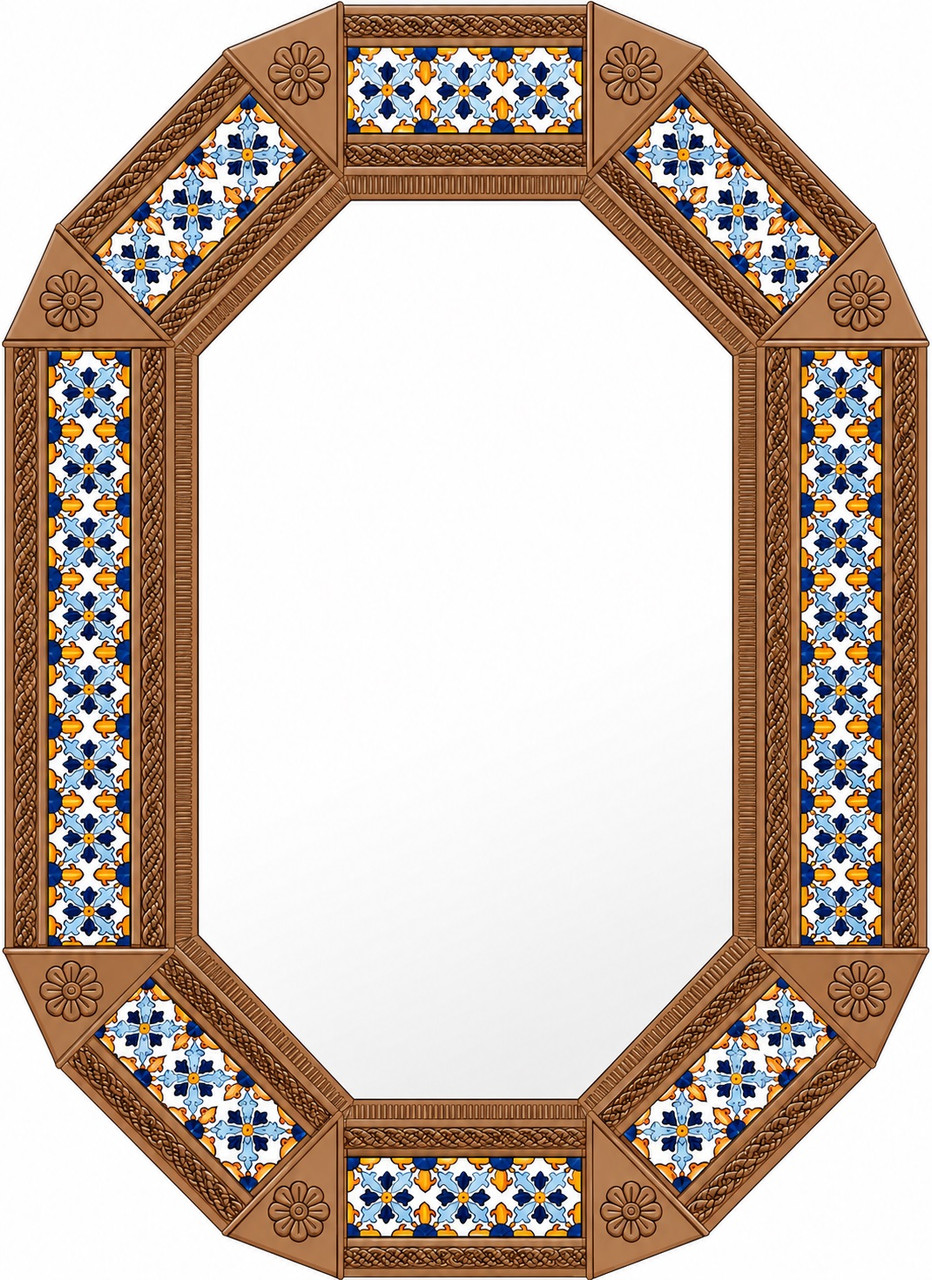 Decorative octagonal hacienda talavera tile tin mirror frame light brown