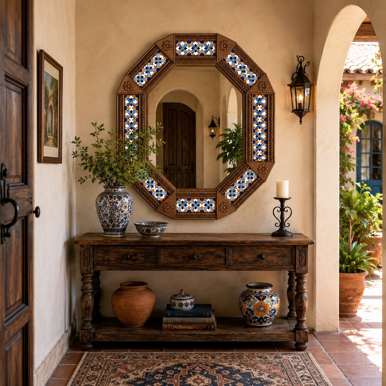 Decorative octagonal hacienda talavera tile tin mirror frame inside Mediterranean hallway interior