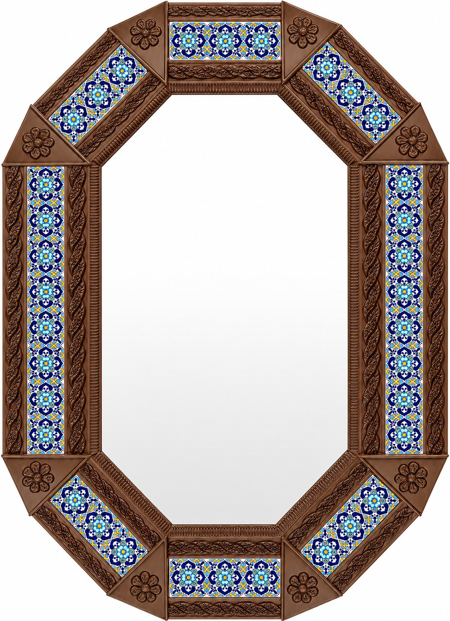 Octagonal tin mirror with blue talavera tile frame light brown