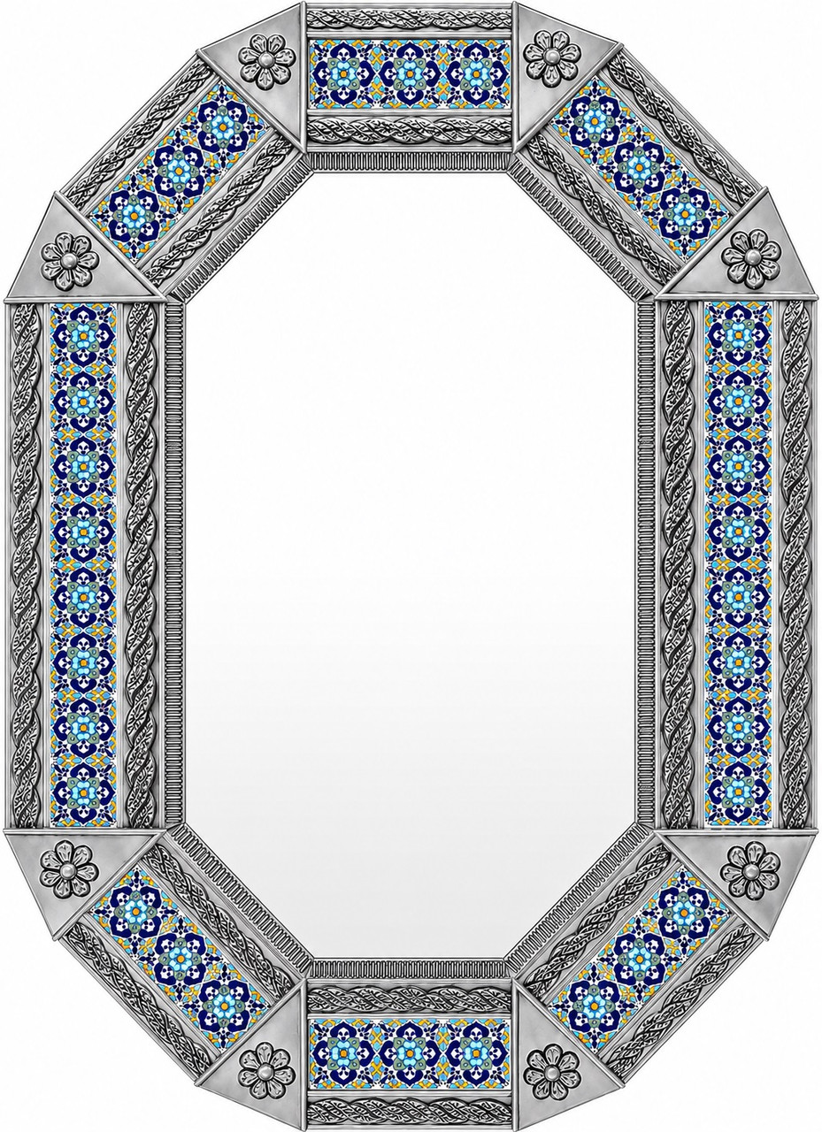 Octagonal tin mirror with sky and navy blue talavera tile frame