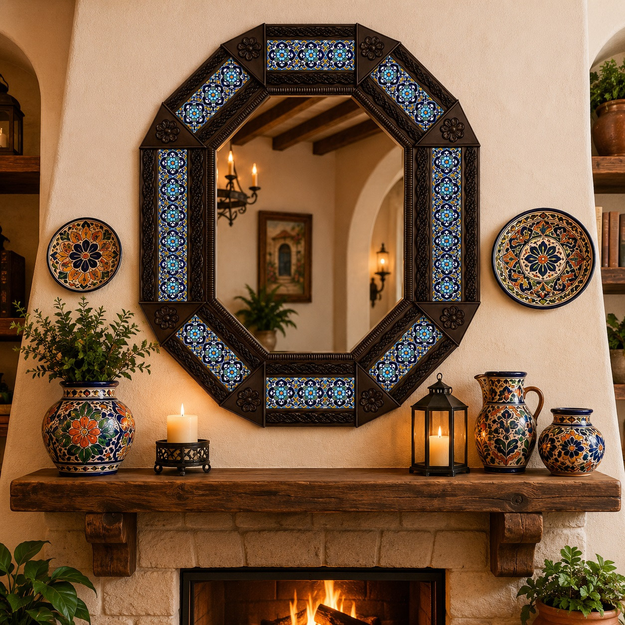 Octagonal tin mirror with blue talavera tile frame above a handcrafted wood fireplace mantel