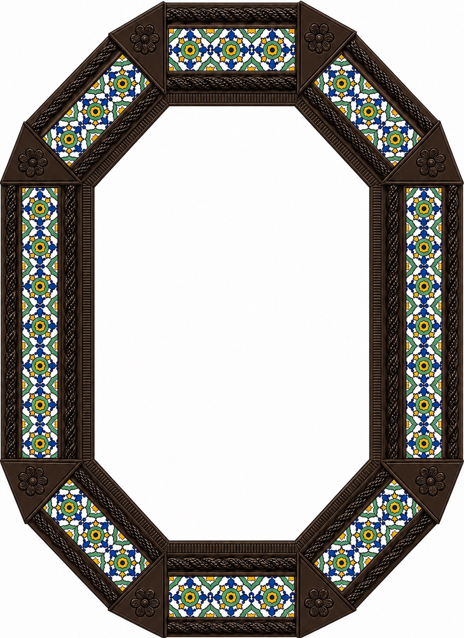 Octagonal decorative dark brown tin mirror with blue talavera tile accents