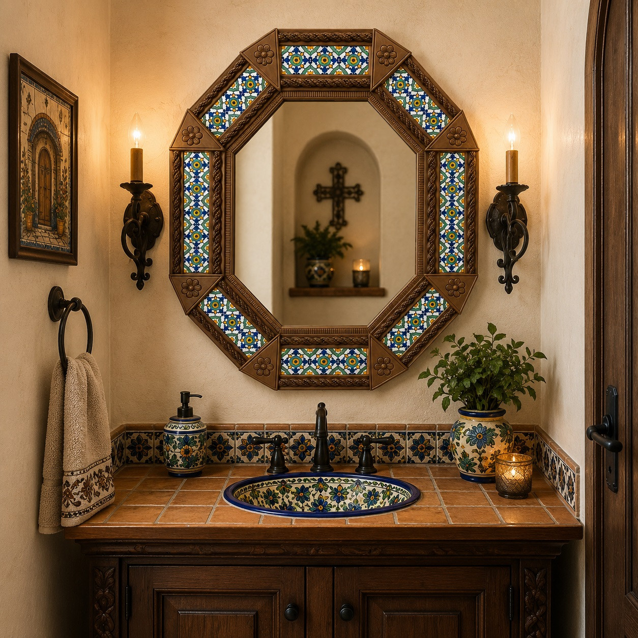 Octagonal decorative Mexican tin mirror with colorful talavera tiles in powder room