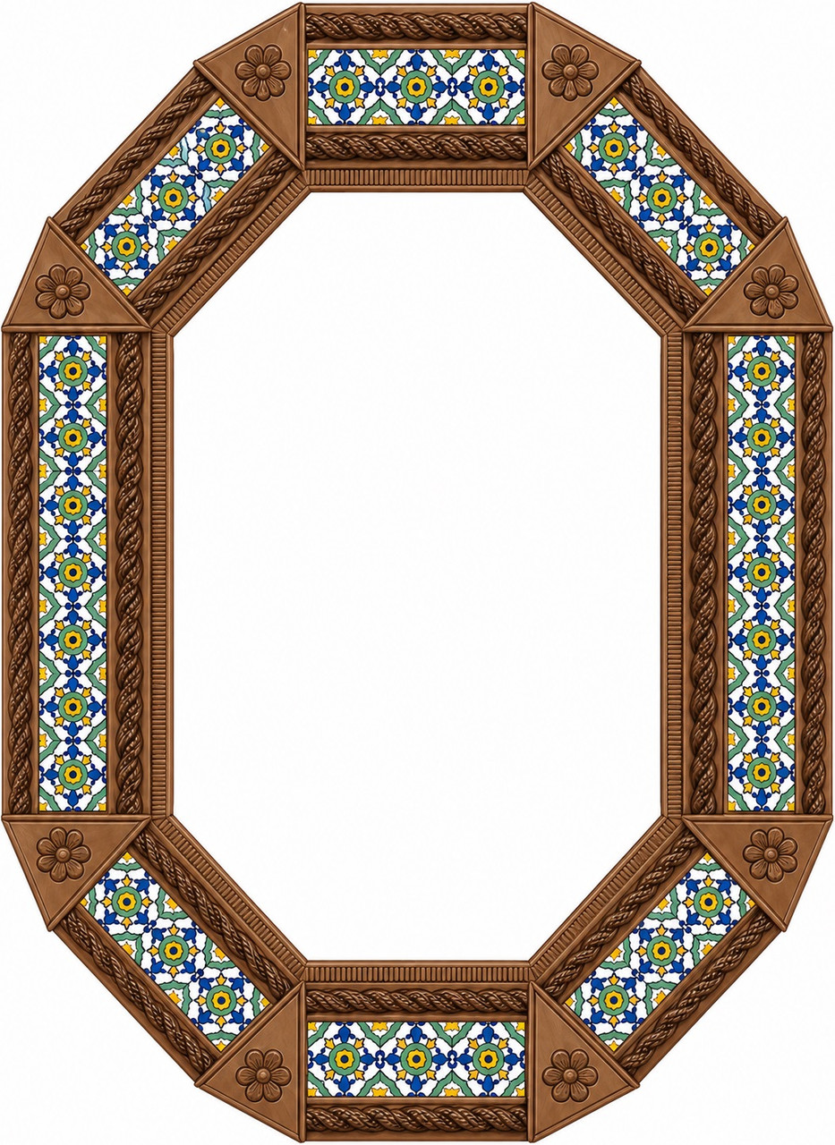 Octagonal decorative light brown tin mirror with blue talavera tile accents