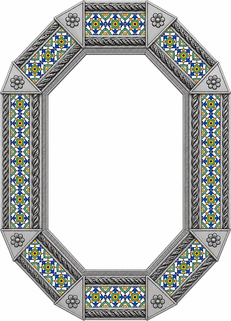 Octagonal decorative tin mirror with blue talavera tile accents
