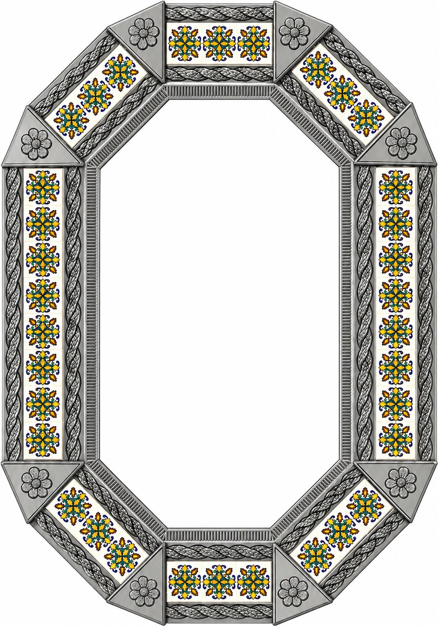 Octagonal decorative tin mirror frame with talavera tile pattern