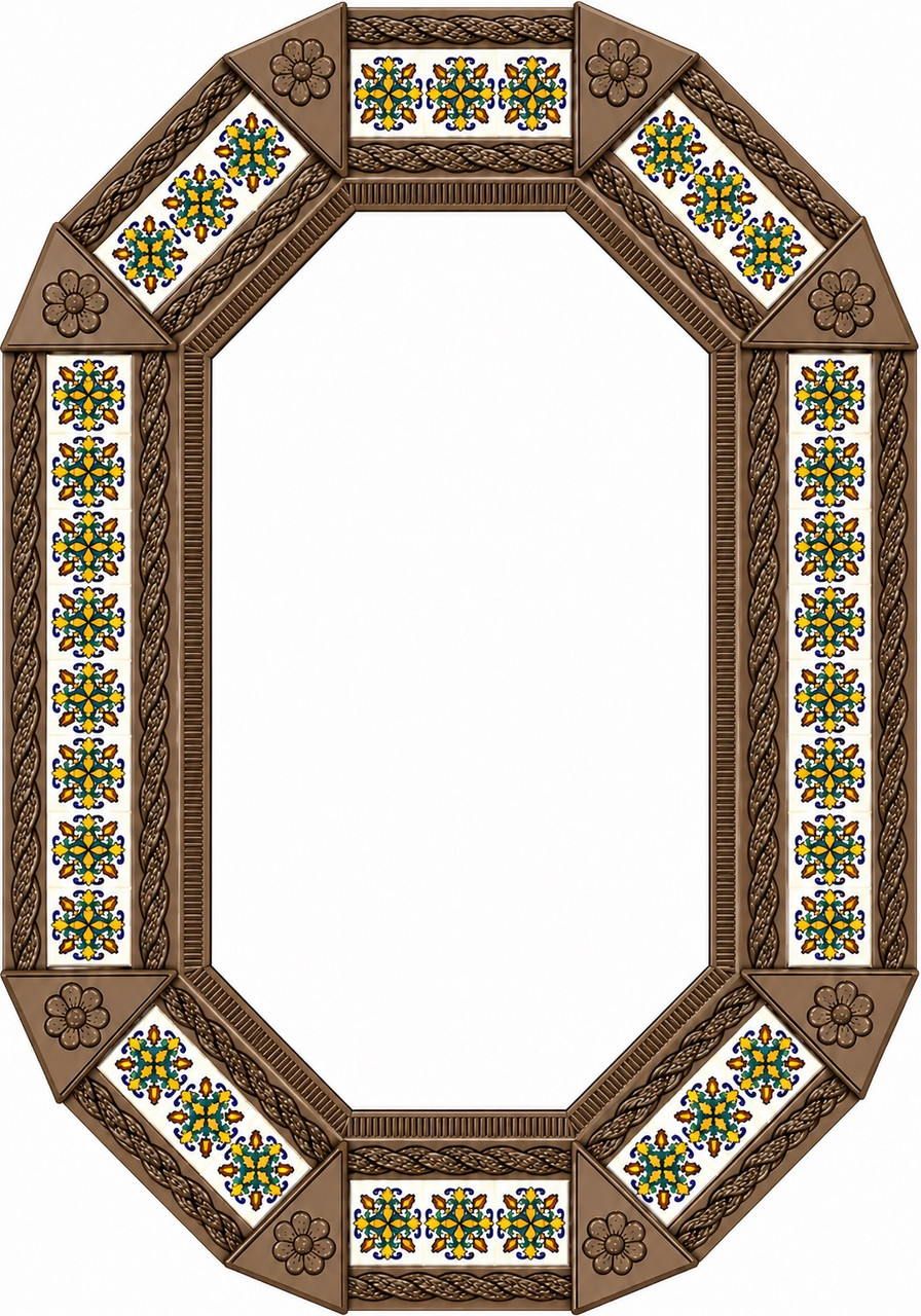 Octagonal decorative tin mirror frame with talavera tile pattern light brown