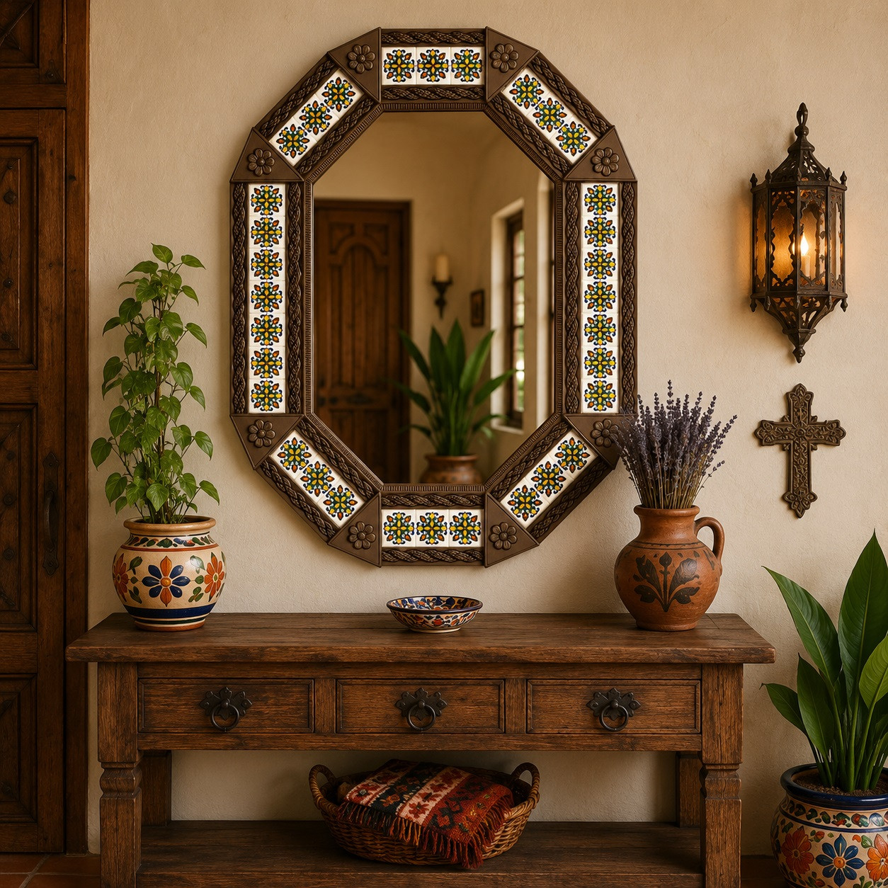 Octagonal decorative tin mirror frame with talavera tile pattern above Mexican console table