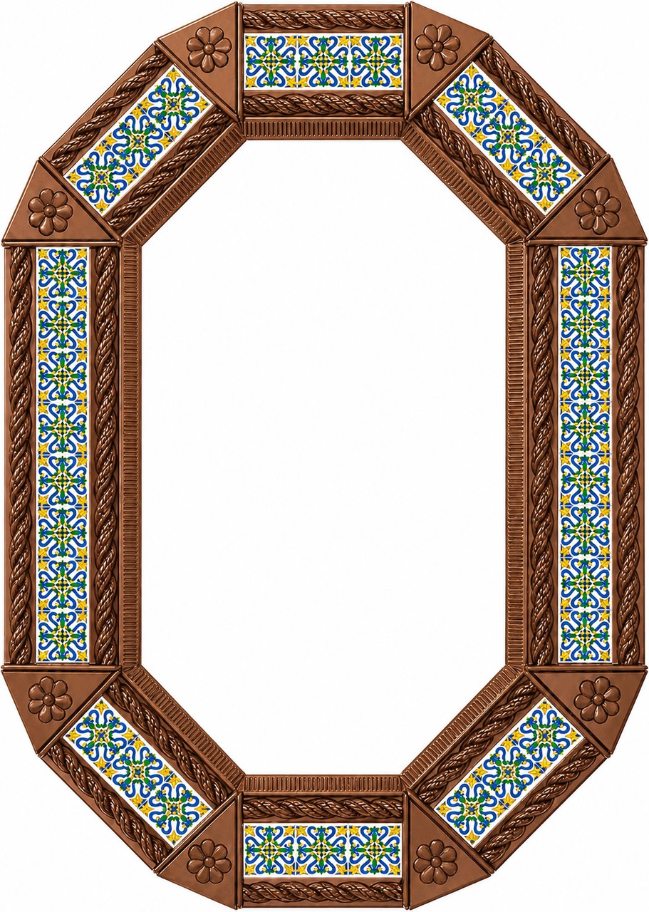 Octagonal decorative light brown tin mirror with mexican talavera tile accents