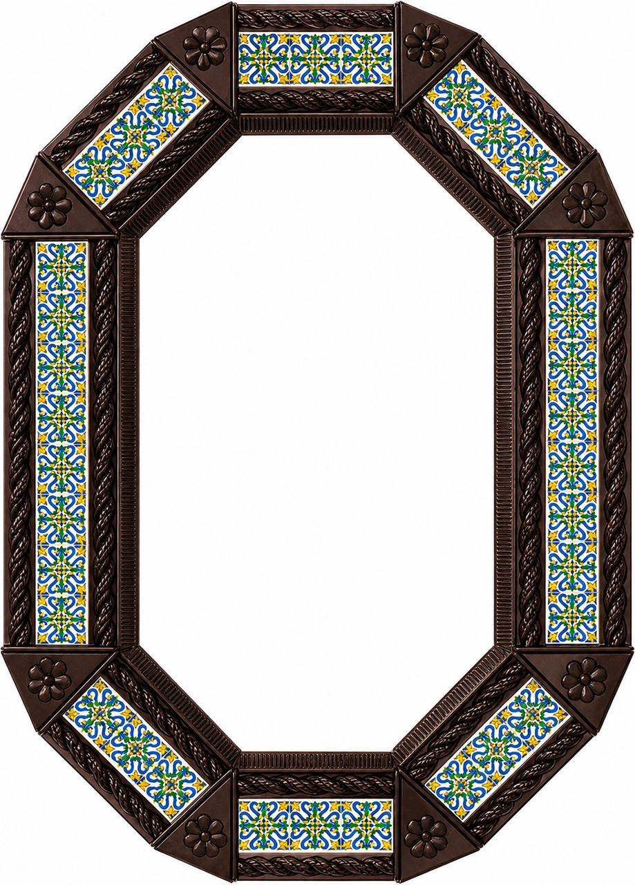 Octagonal decorative dark brown tin mirror with mexican talavera tile accents