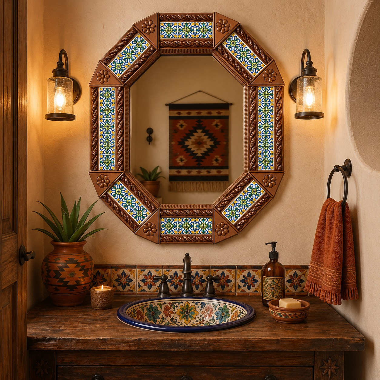 Octagonal decorative mirror with colorful talavera accents in a Southwestern powder room