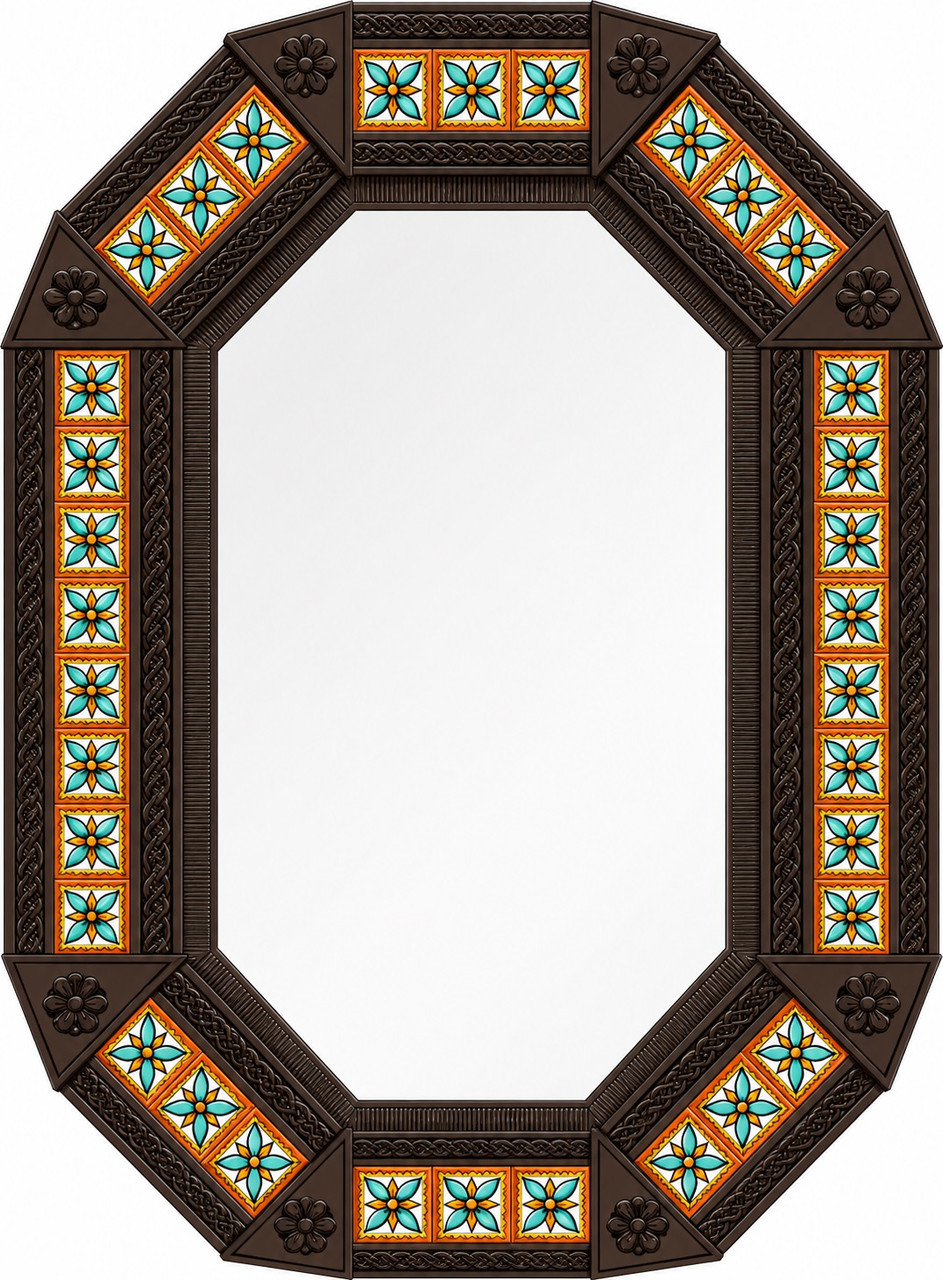 Octagonal tin mirror frame with talavera floral tiles dark brown