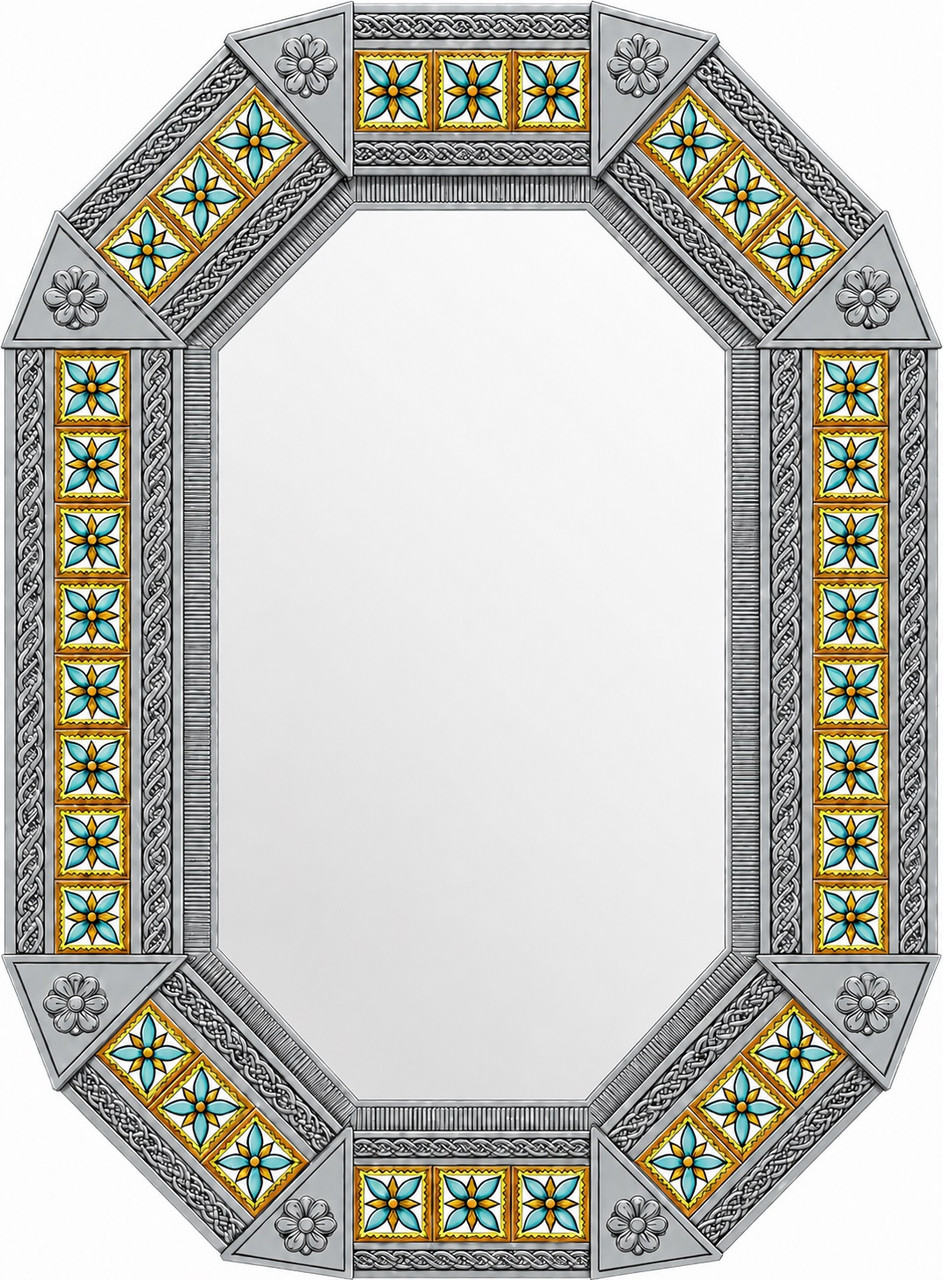 Octagonal tin mirror frame with talavera floral tiles