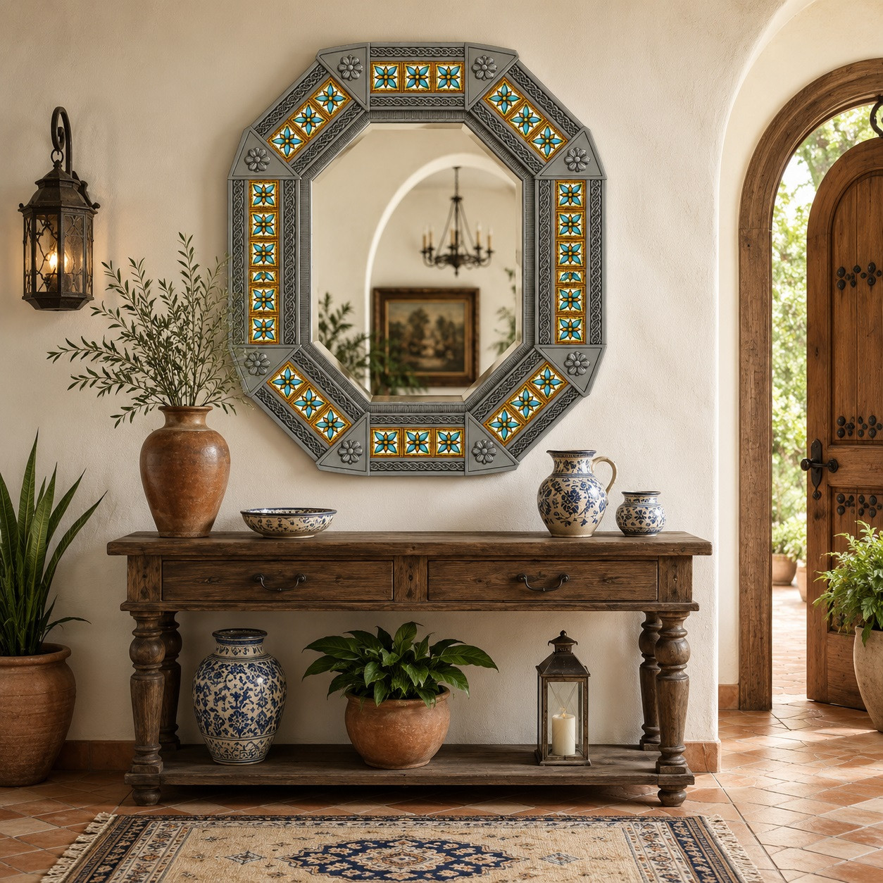 その他 Etain decoration murale Octagonal Tin Mirror Frame with Talavera Floral Tiles