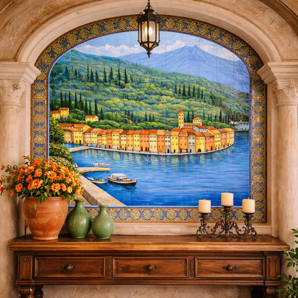 Mexican Talavera Tile Mural Italian Lakeside Village Scene