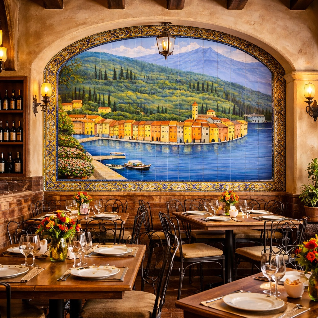 Mexican talavera tile mural Italian lakeside village scene on restaurant wall with rustic ambiance