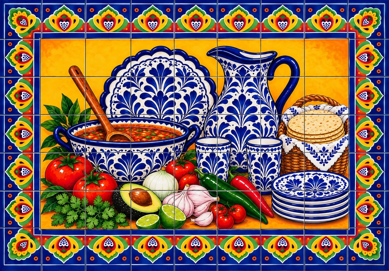 Mexican tile mural blue talavera tableware