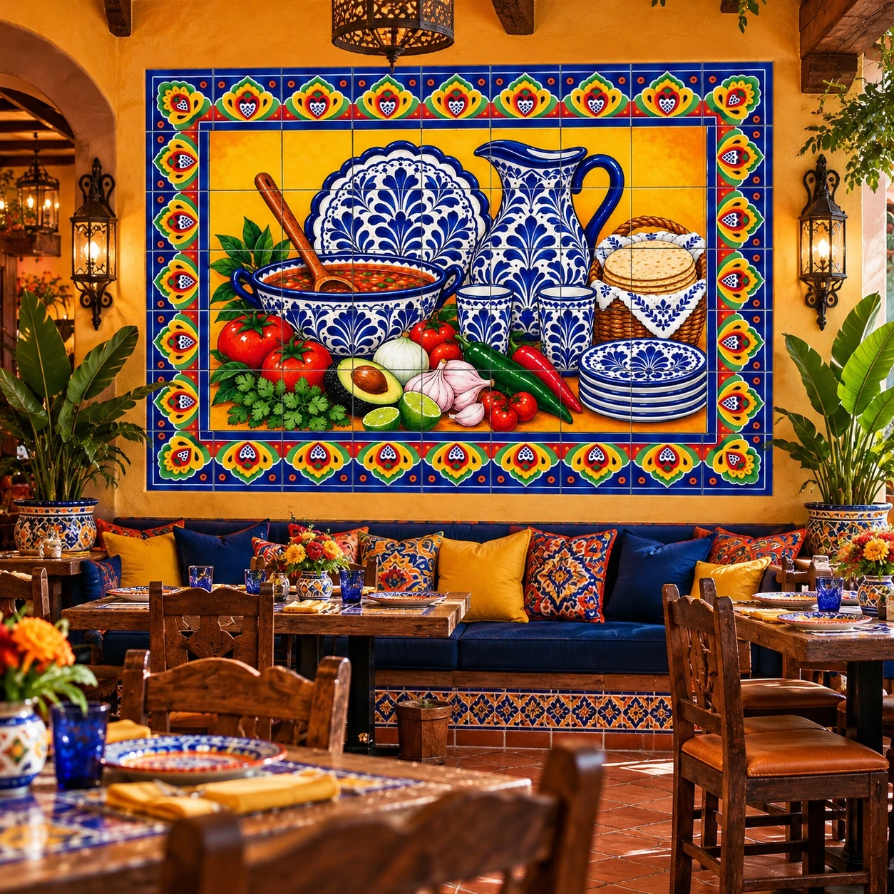 Mexican tile mural blue talavera tableware featured in a Mexican restaurant with artisan accents.