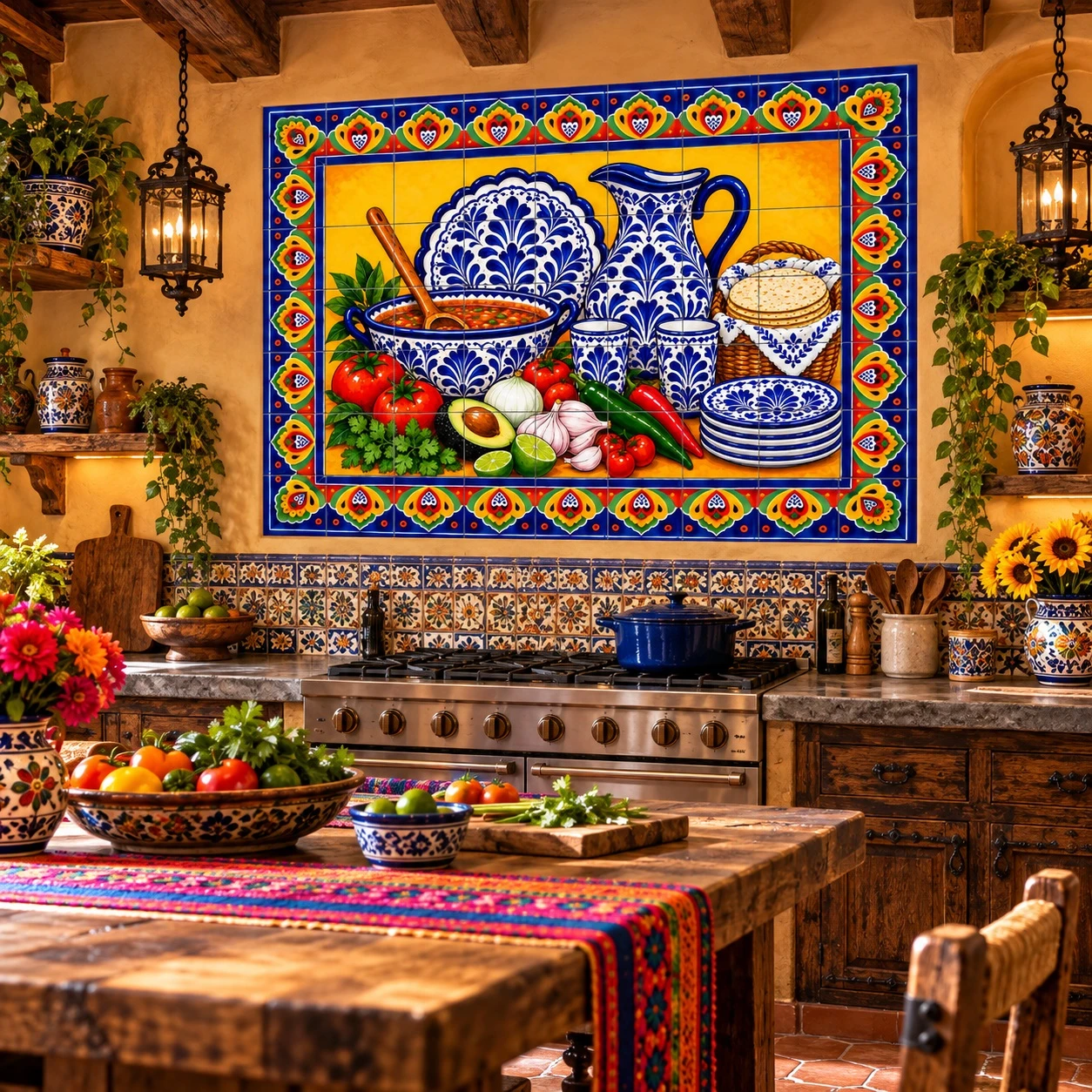 Mexican tile mural blue talavera tableware featured in a rustic kitchen with handcrafted decor.