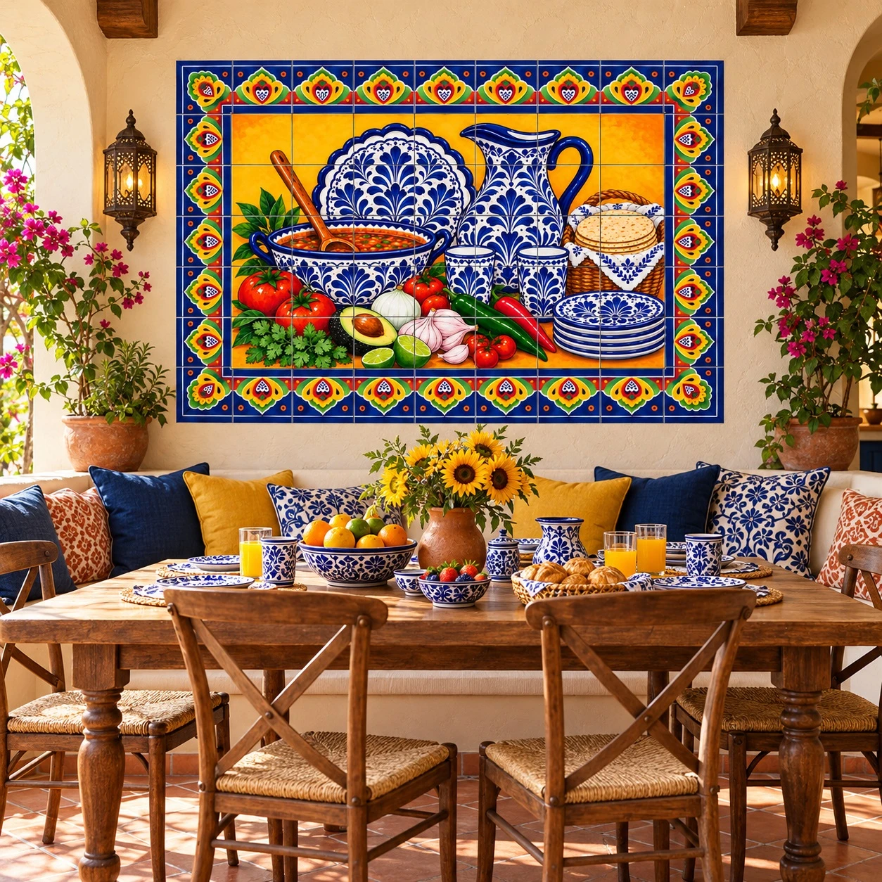 Mexican tile mural blue talavera tableware displayed in a bright breakfast nook with warm decor.