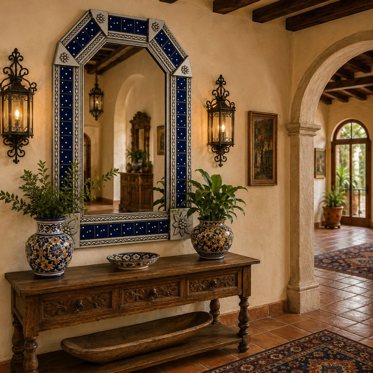Handcrafted Tin Mirror with Starry Night Talavera Tile Frame in a rustic hacienda hallway