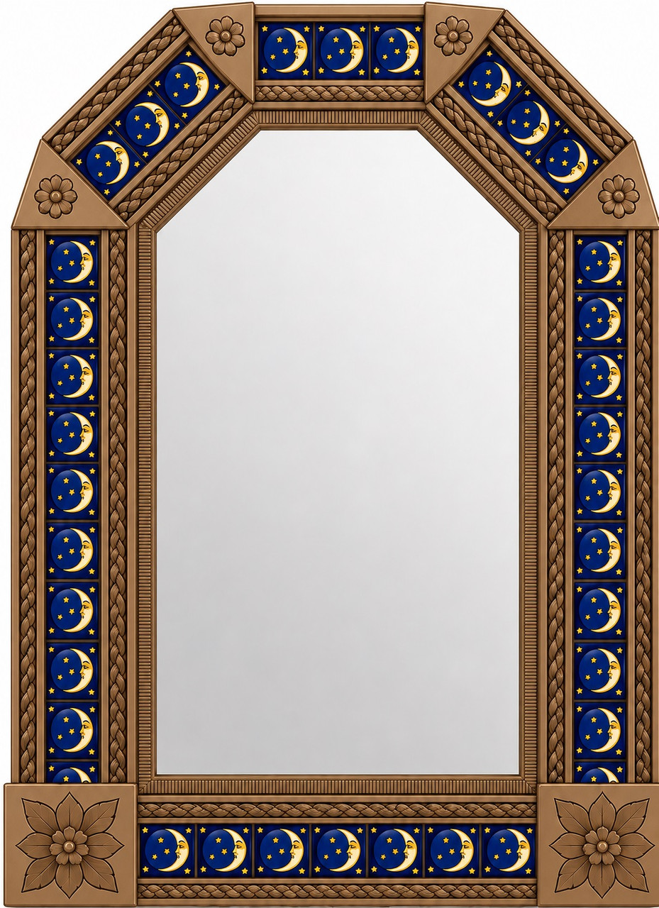Handcrafted tin mirror moon stars talavera tile frame light brown