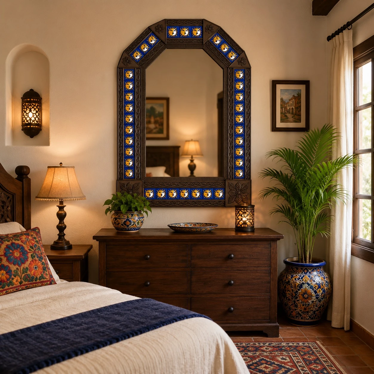 Mexican Tin Mirror Sun Moon Talavera Tiles decorating a warm Southwestern style bedroom