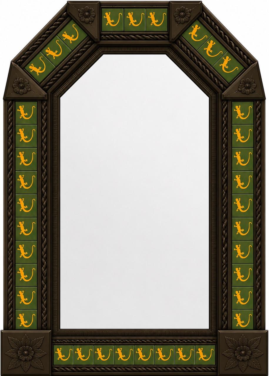 Handcrafted tin mirror with green lizard talavera tile frame dark brown