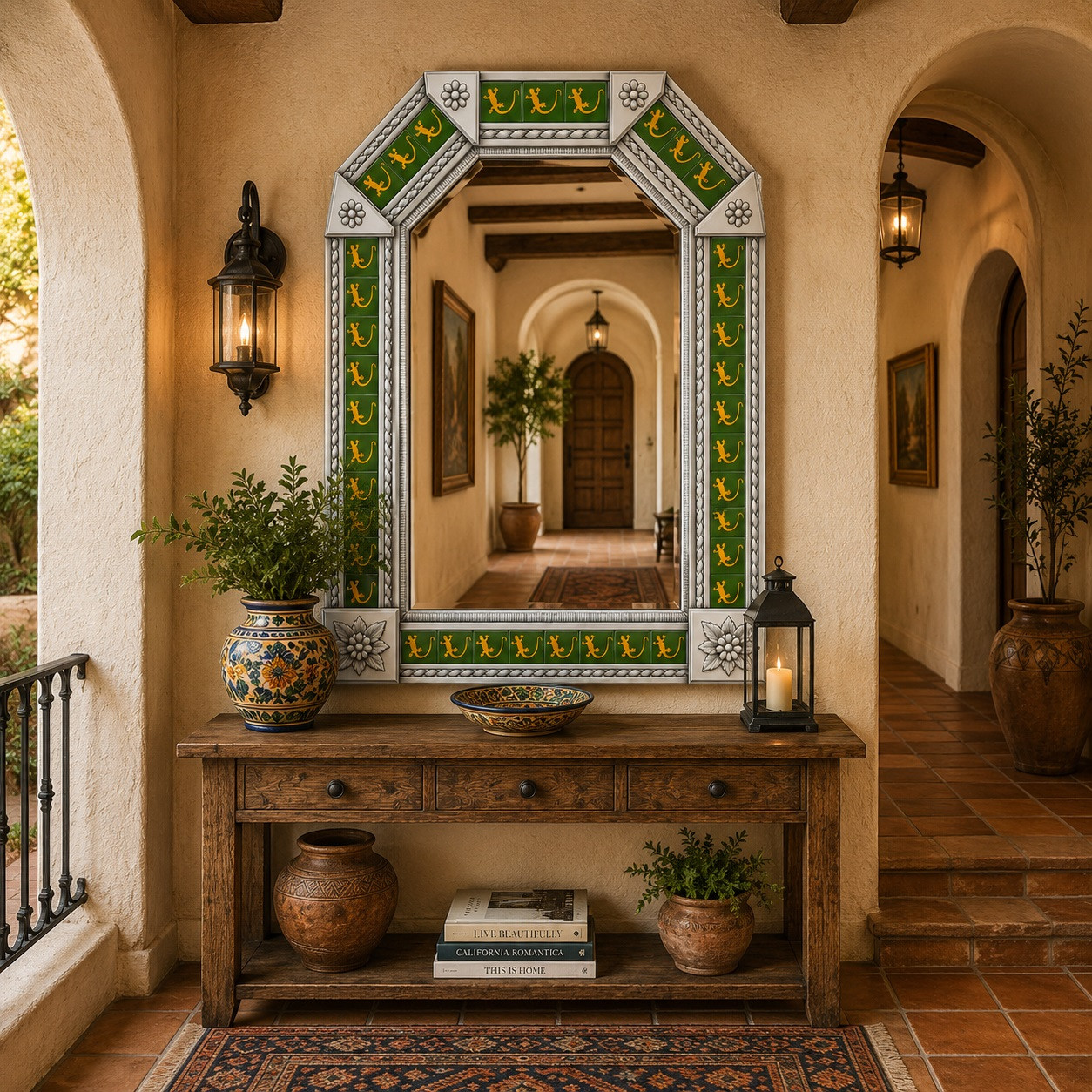 Handcrafted Tin Mirror with Green Lizard Talavera Tile Frame in Mediterranean hallway decor