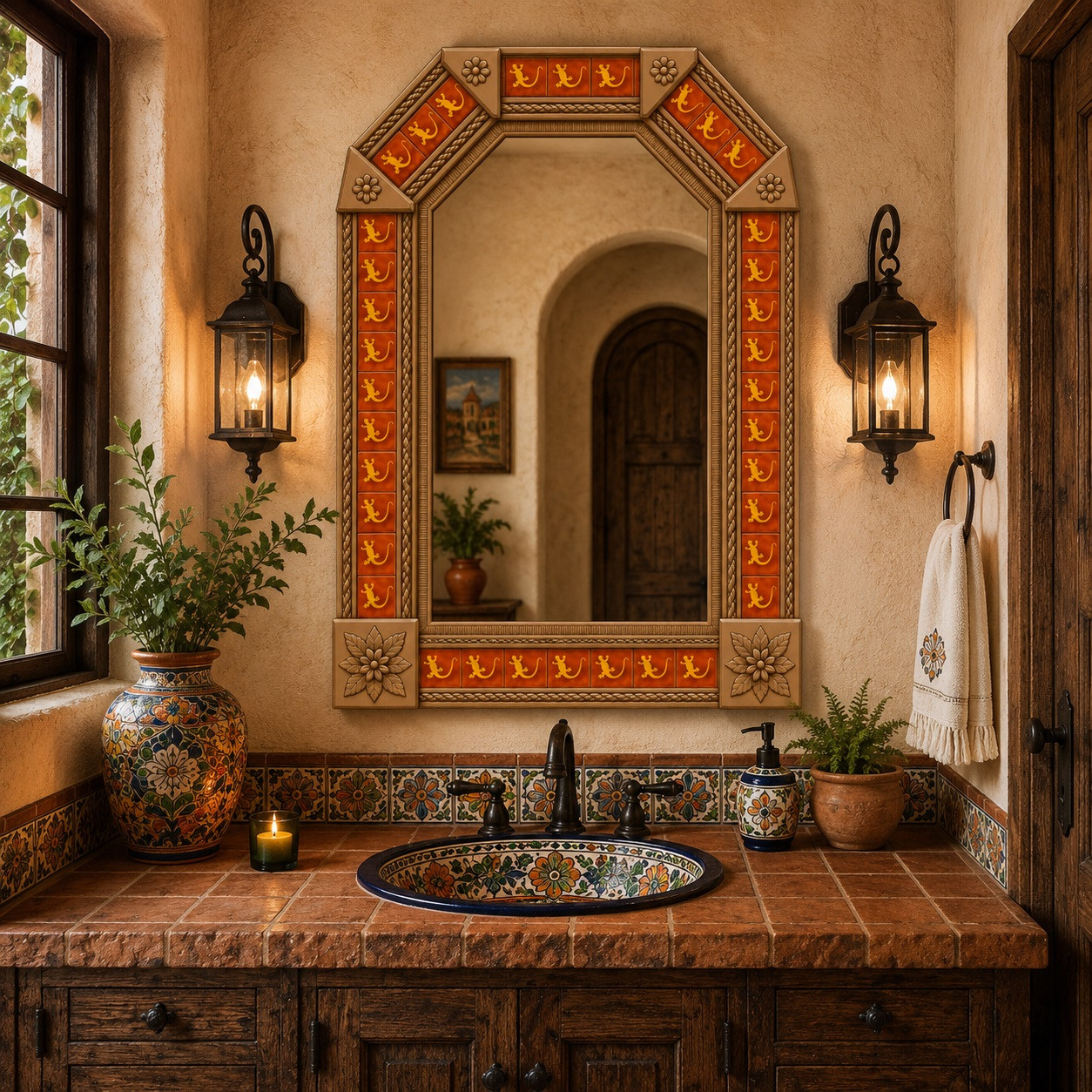 Tin Mirror with Orange Lizard Talavera Tile Frame