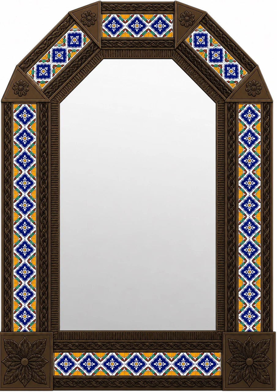 Dark brown tin mirror with blue talavera tile frame
