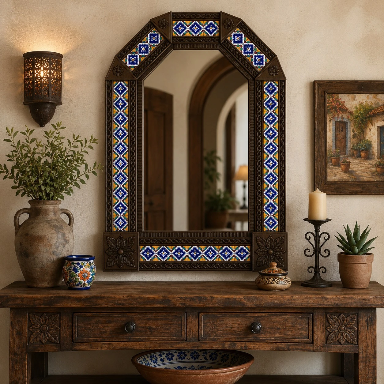 Dark Brown Tin Mirror with Blue Talavera Tile Frame above a rustic wood console table