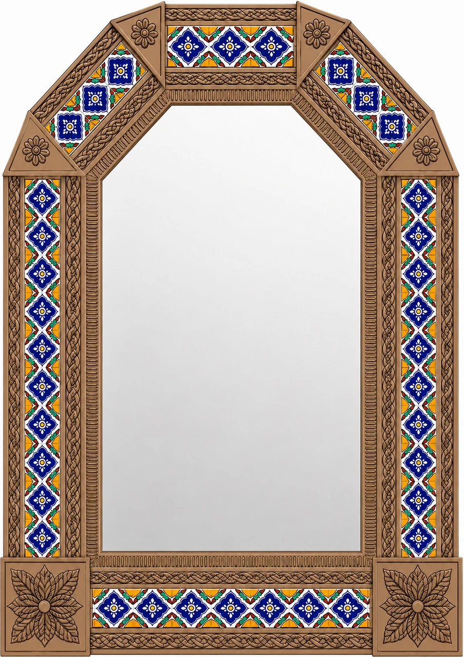 Handcrafted brown tin mirror with blue talavera tile frame