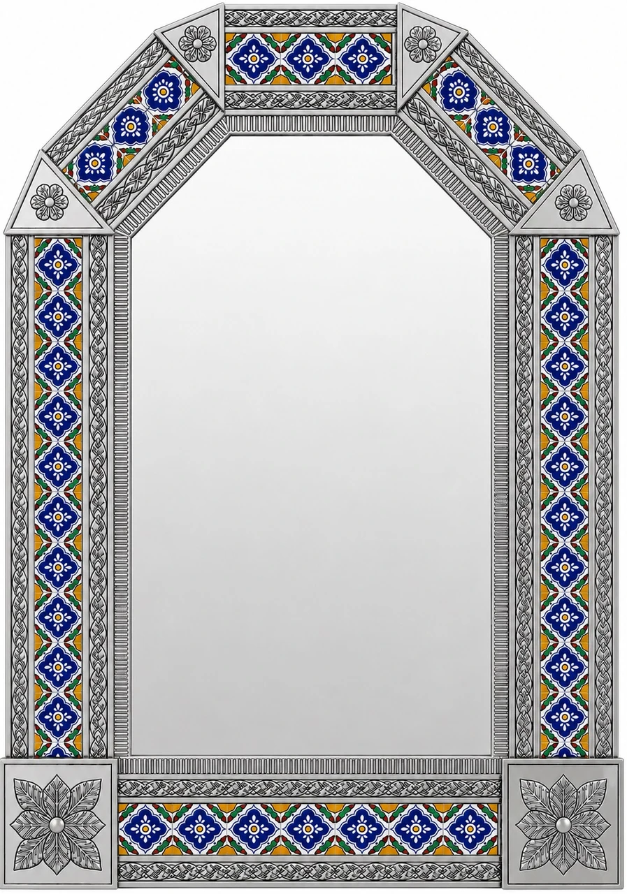 Handcrafted tin mirror with blue talavera tile frame
