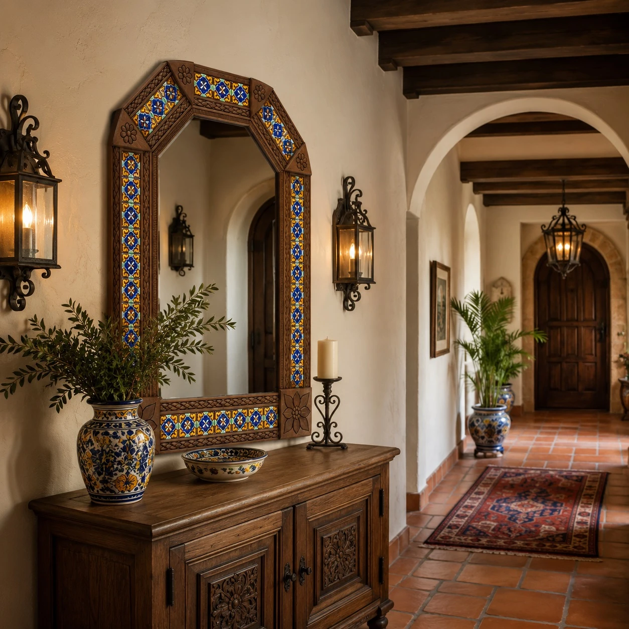 handcrafted-tin-mirror-old-world-talavera-tile-frame-spanish-revival-hallway