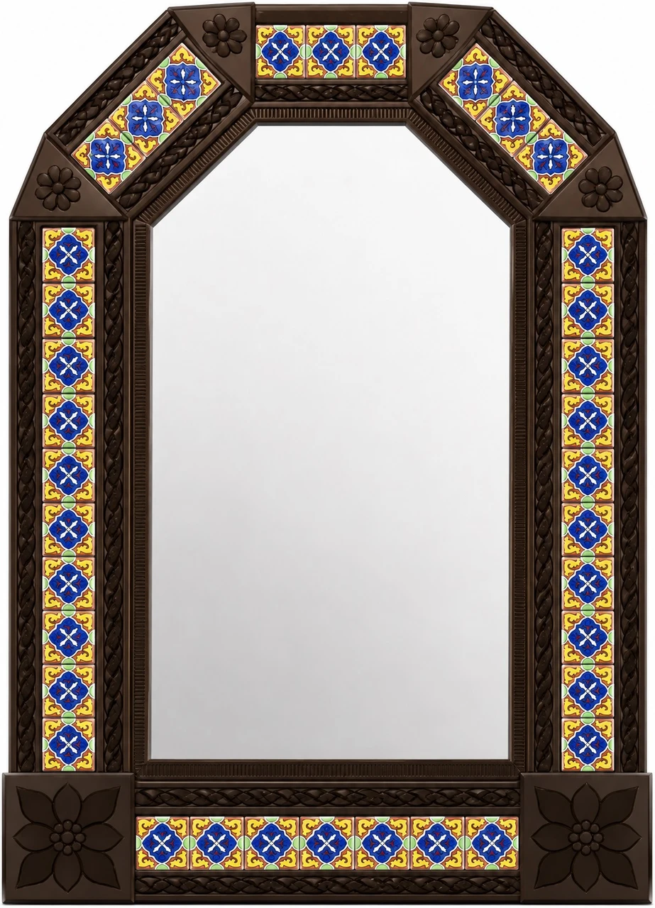 Handcrafted tin mirror with old world talavera tile frame dark brown
