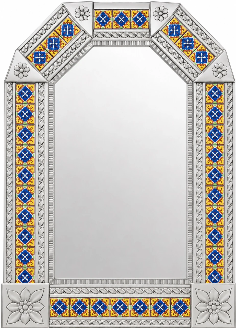 Handcrafted tin mirror with old world talavera tile frame