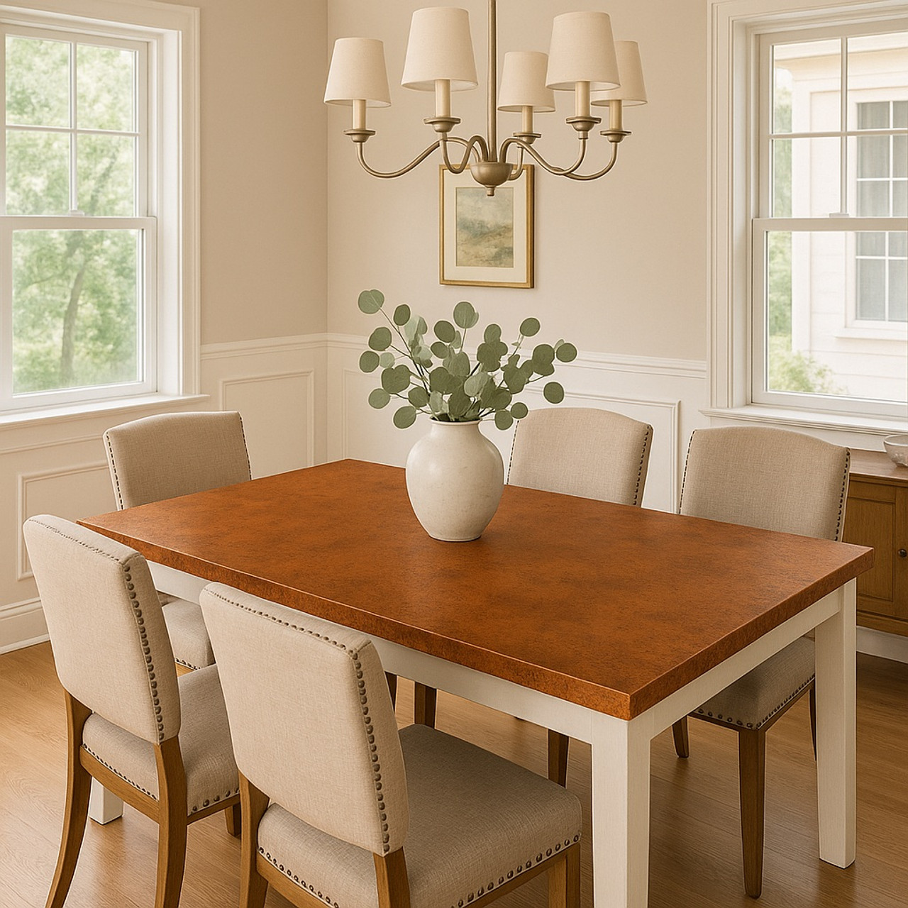 Hand-hammered rectangular copper tabletop in a transitional American-style dining room