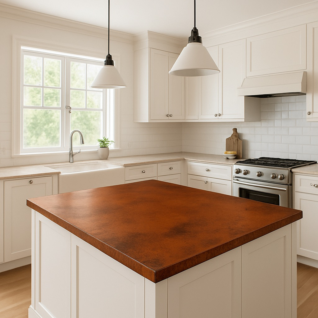 Rectangular hammered copper tabletop used as kitchen island surface