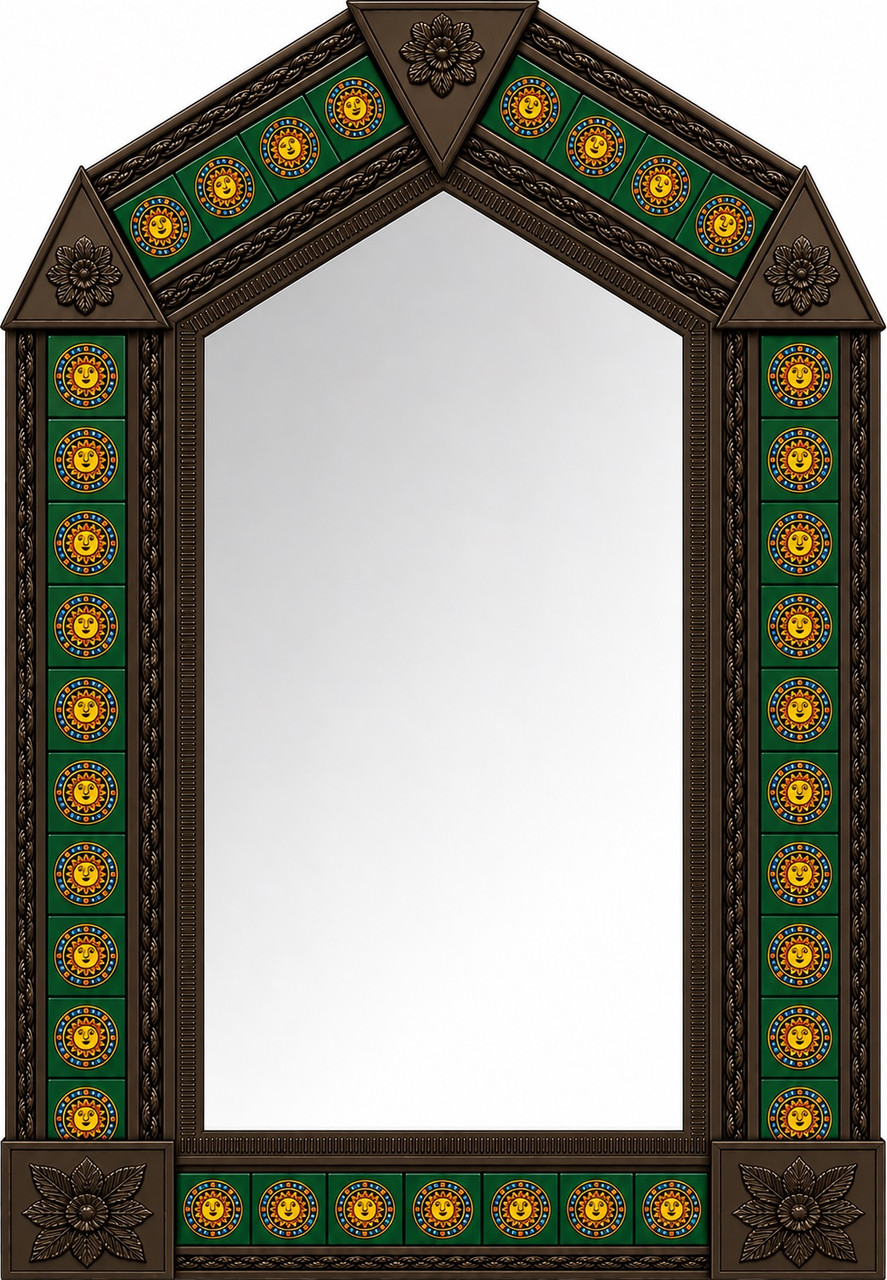 Handcrafted dark brown tin mirror with green sun talavera tile frame
