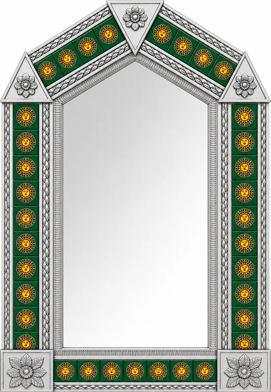Handcrafted tin mirror with green sun talavera tile frame