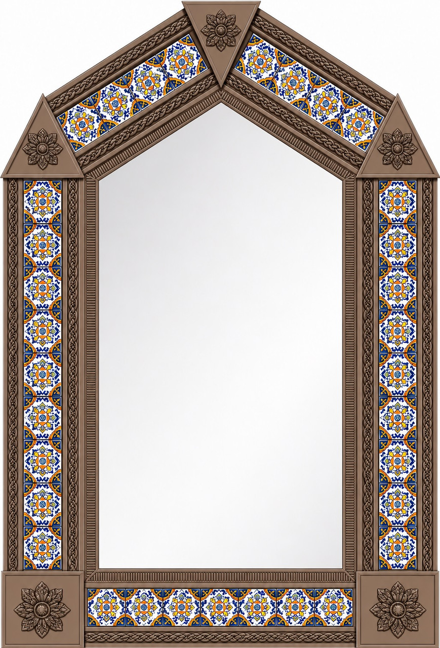 Light brown handcrafted arch tin mirror colorful talavera tile border
