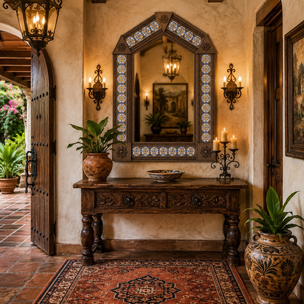 Handcrafted arch tin mirror with colorful talavera tile border in rustic hacienda entryway