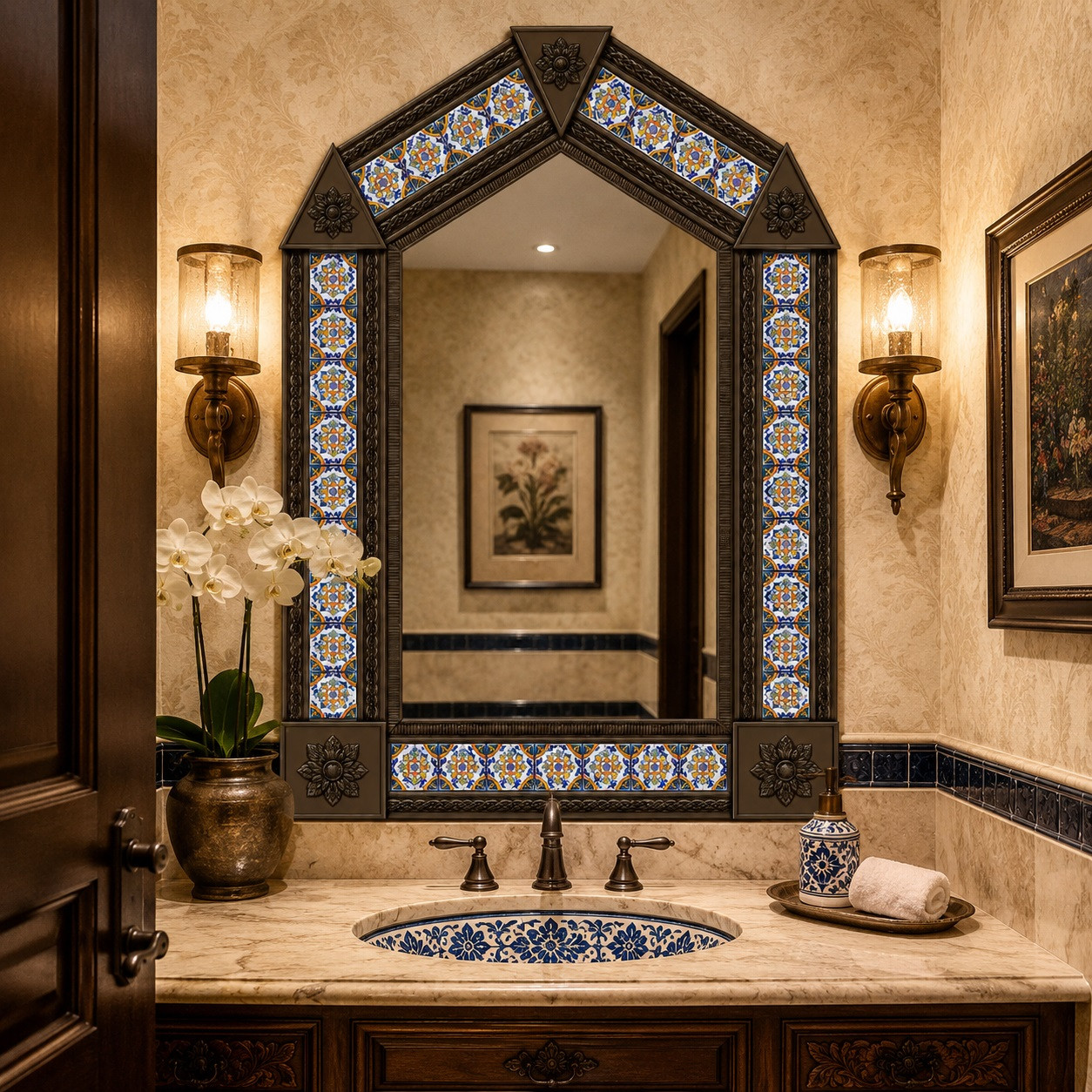 Handcrafted arch tin mirror with colorful talavera tile border decorating luxury powder room