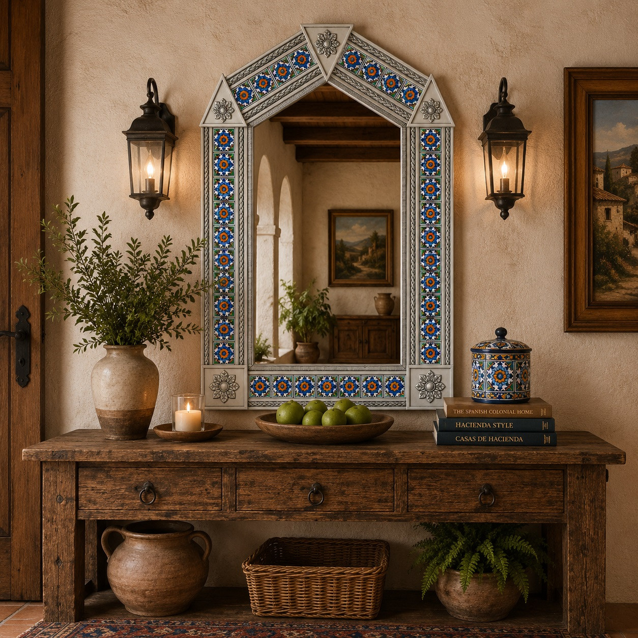 Handcrafted Tin Mirror with Blue Floral Talavera Tile Frame above a rustic wood console
