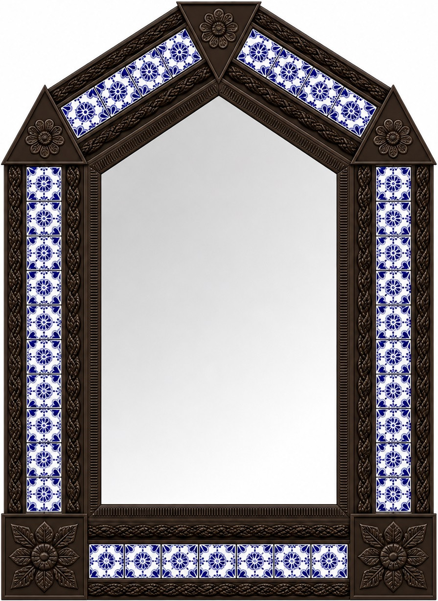 Handcrafted arch dark brown tin mirror featuring blue floral talavera tile accents
