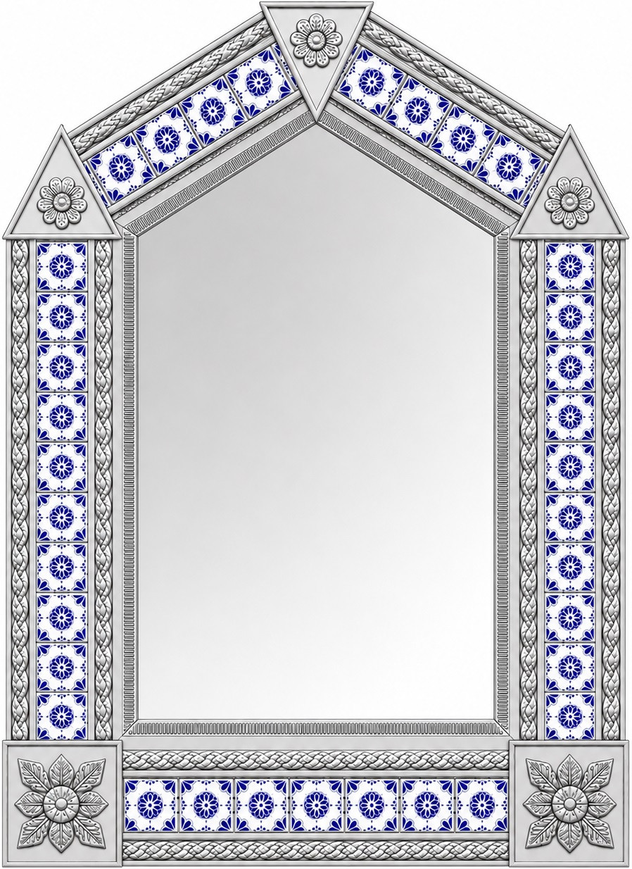 Handcrafted arch tin mirror featuring blue floral talavera tile accents