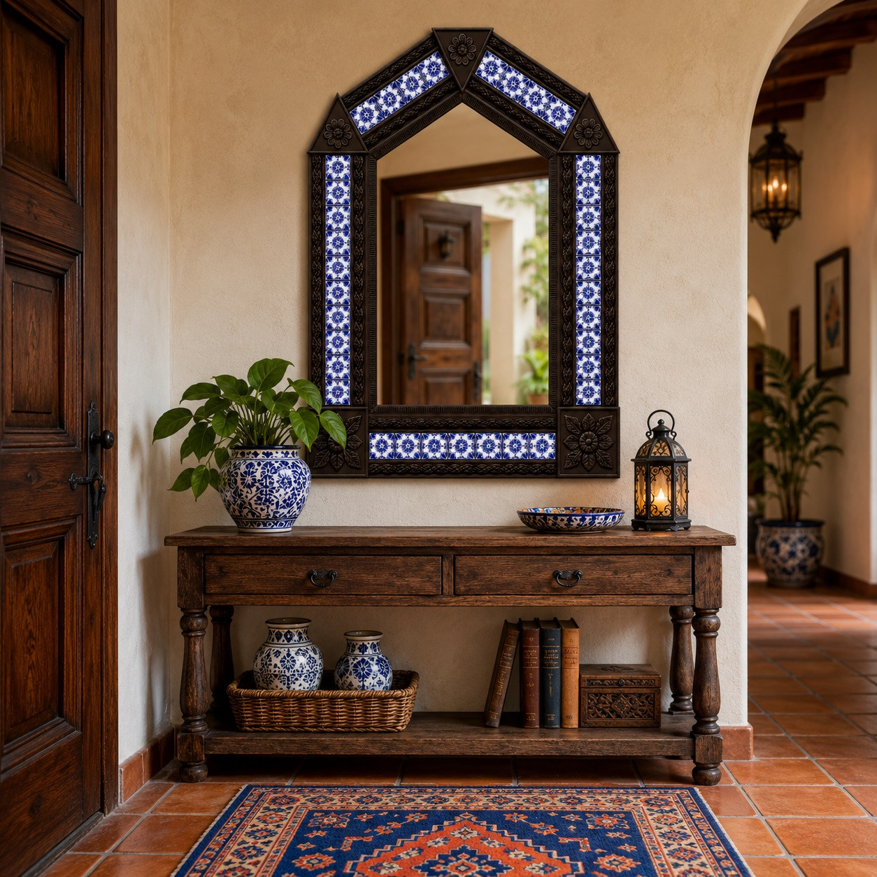 Handcrafted Arch Tin Mirror with Blue Floral Talavera Tiles