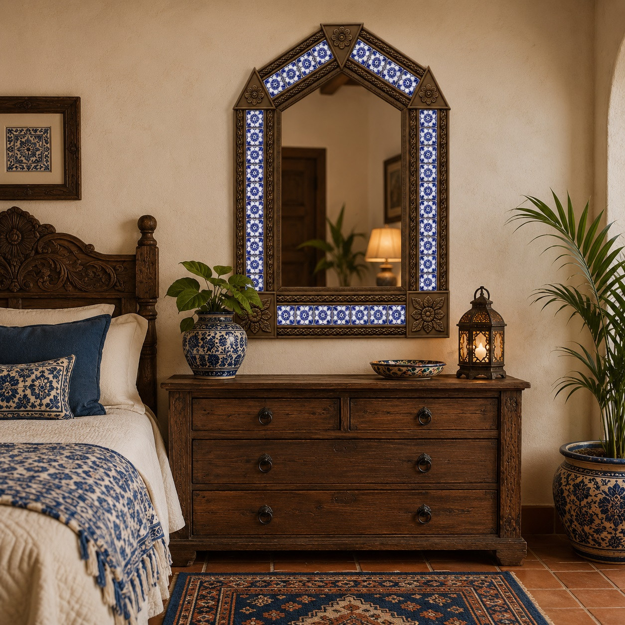 その他 Etain decoration murale Handcrafted Arch Tin Mirror with Blue Floral Talavera Tiles