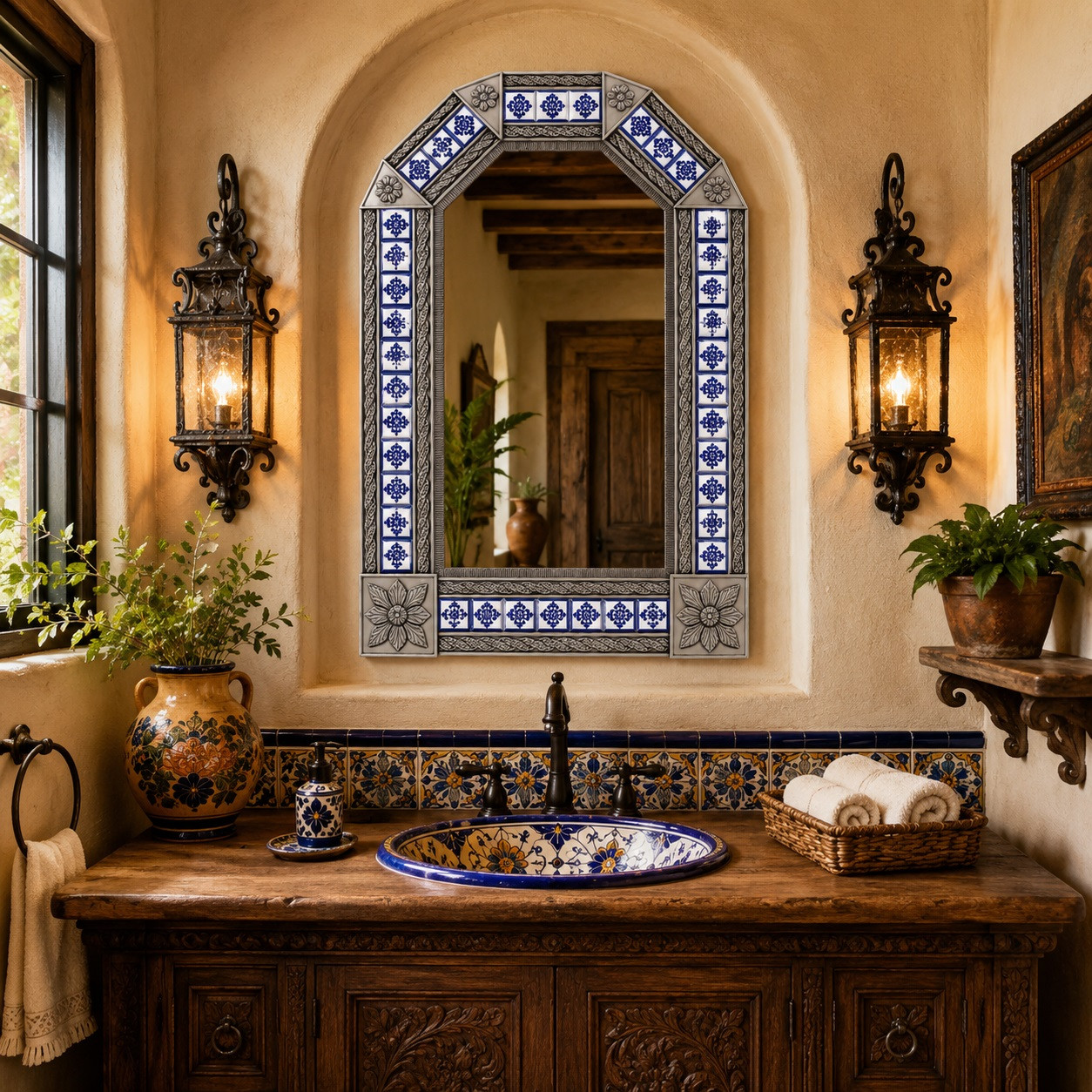Handcrafted arch tin mirror with cobalt talavera tilework above a hacienda vanity
